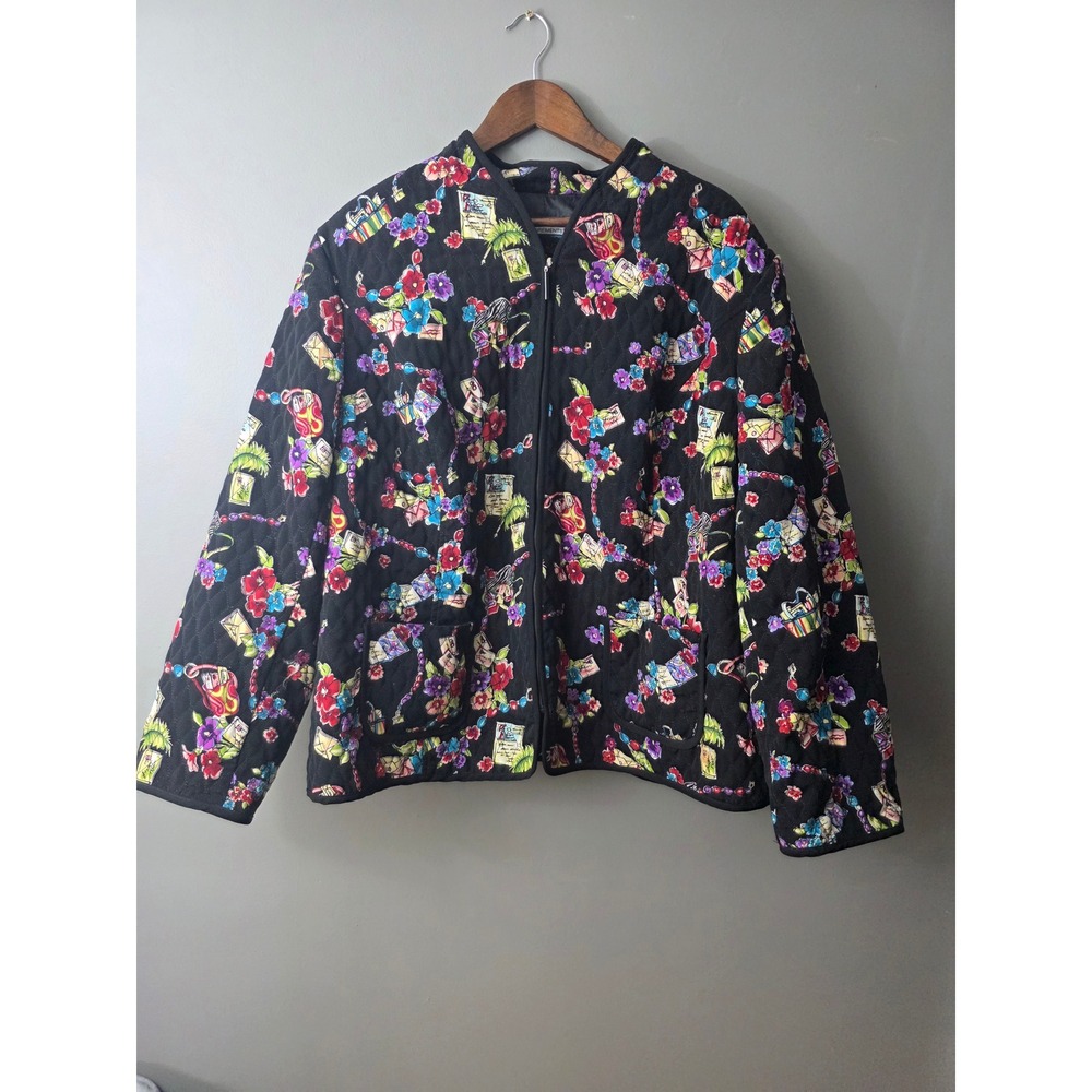 Requirements Woman Quilted Jacket Black Novelty Postcard Floral Print Zip Front